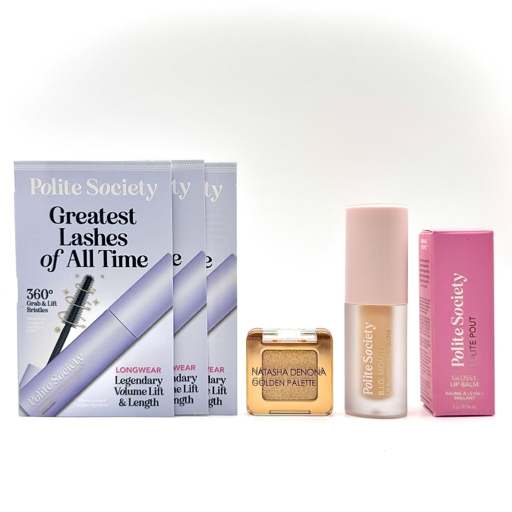 6 pc Polite Society Makeup Set OG Clear Plumping Lip Oil Mascara Glossy Lip Balm - Picture 2 of 15